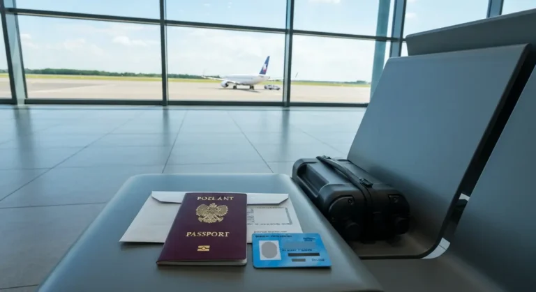 Dowód osobisty i paszport obok bagażu w polskim terminalu lotniczym przed lotem do Albanii