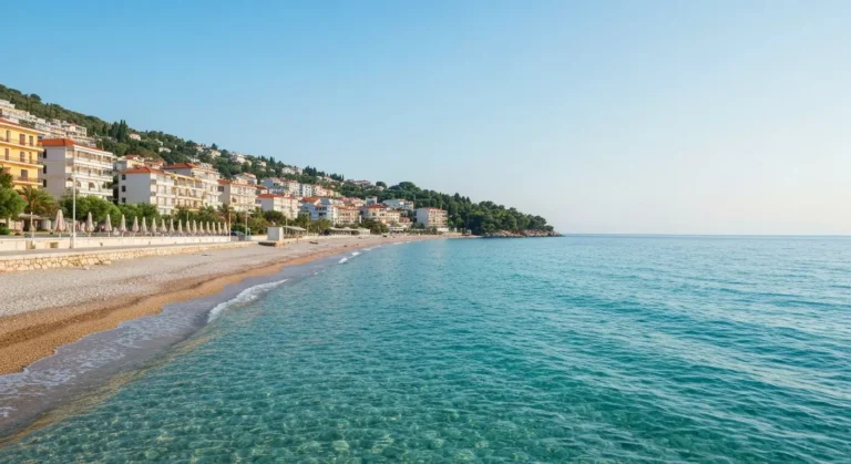 Spokojna wrześniowa plaża i promenada w Sarandzie nad ciepłym Morzem Jońskim