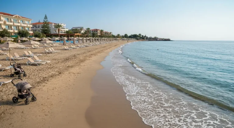 Piaszczysta plaża w Golem w Albanii z łagodnym wejściem do morza i cieniem przy hotelu