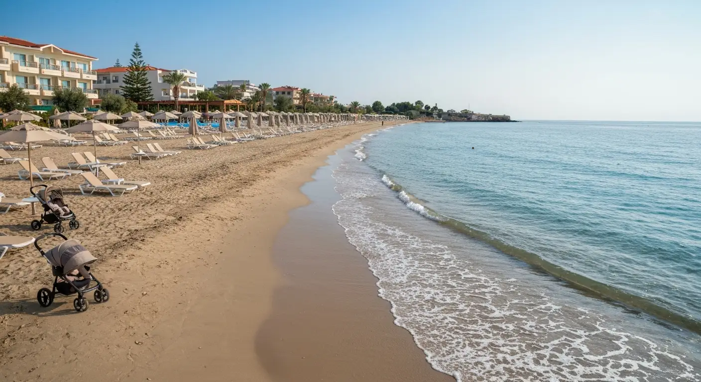 Piaszczysta plaża w Golem w Albanii z łagodnym wejściem do morza i cieniem przy hotelu