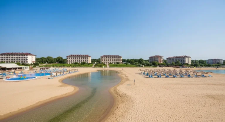 Szeroka piaszczysta plaża w Albenie nad Morzem Czarnym z hotelami rodzinnymi w tle