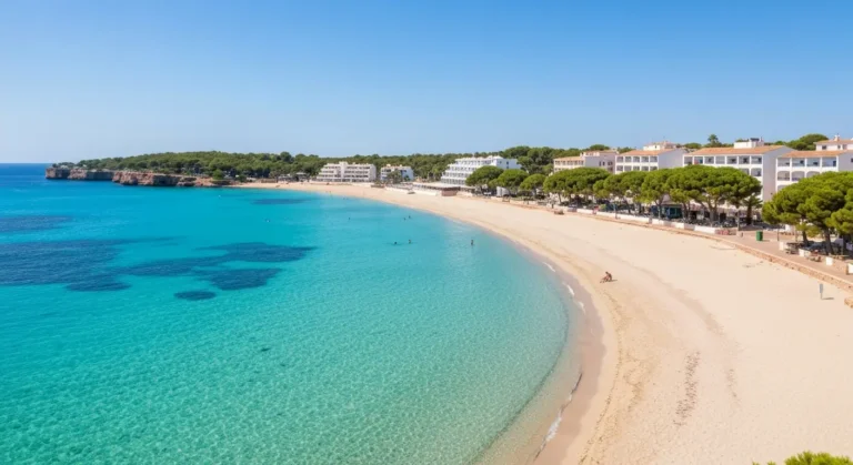 Szeroka piaszczysta plaża i turkusowa zatoka w Port d'Alcúdia na Majorce