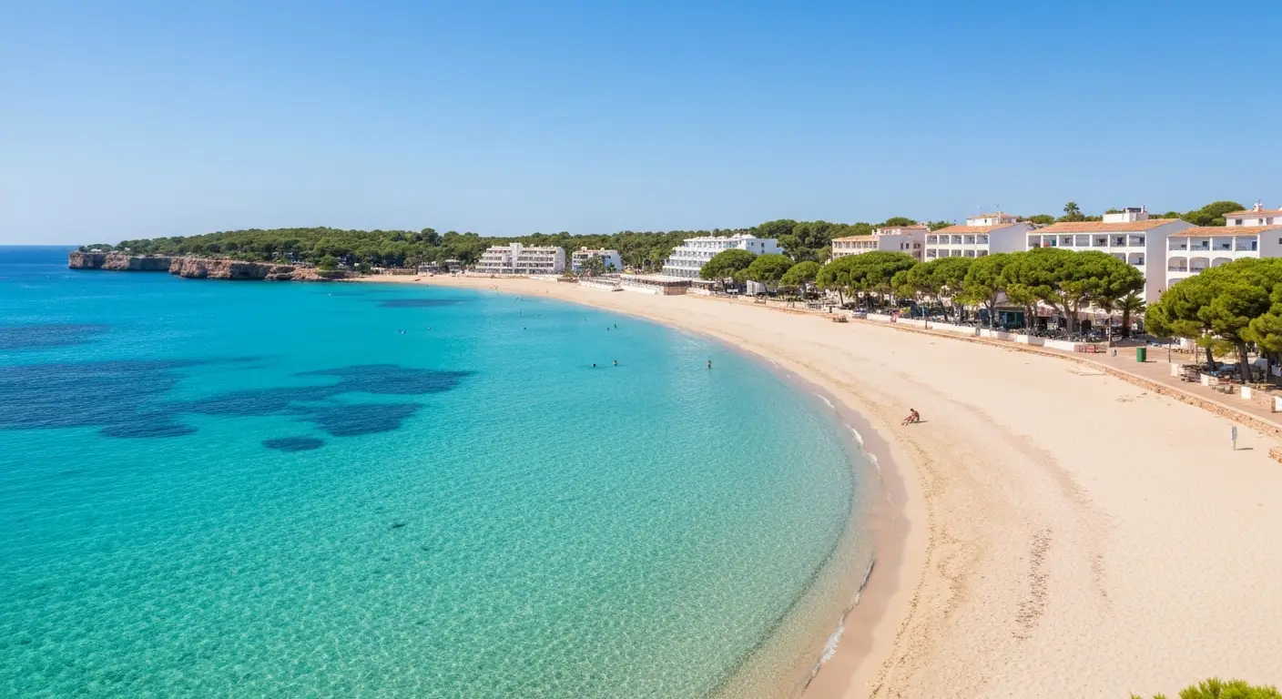 Szeroka piaszczysta plaża i turkusowa zatoka w Port d'Alcúdia na Majorce
