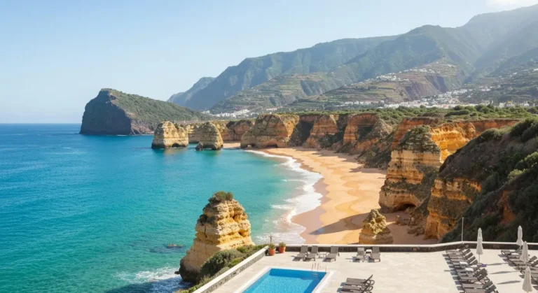 Piaszczysta plaża Algarve z klifami i górzystym krajobrazem Madery w tle