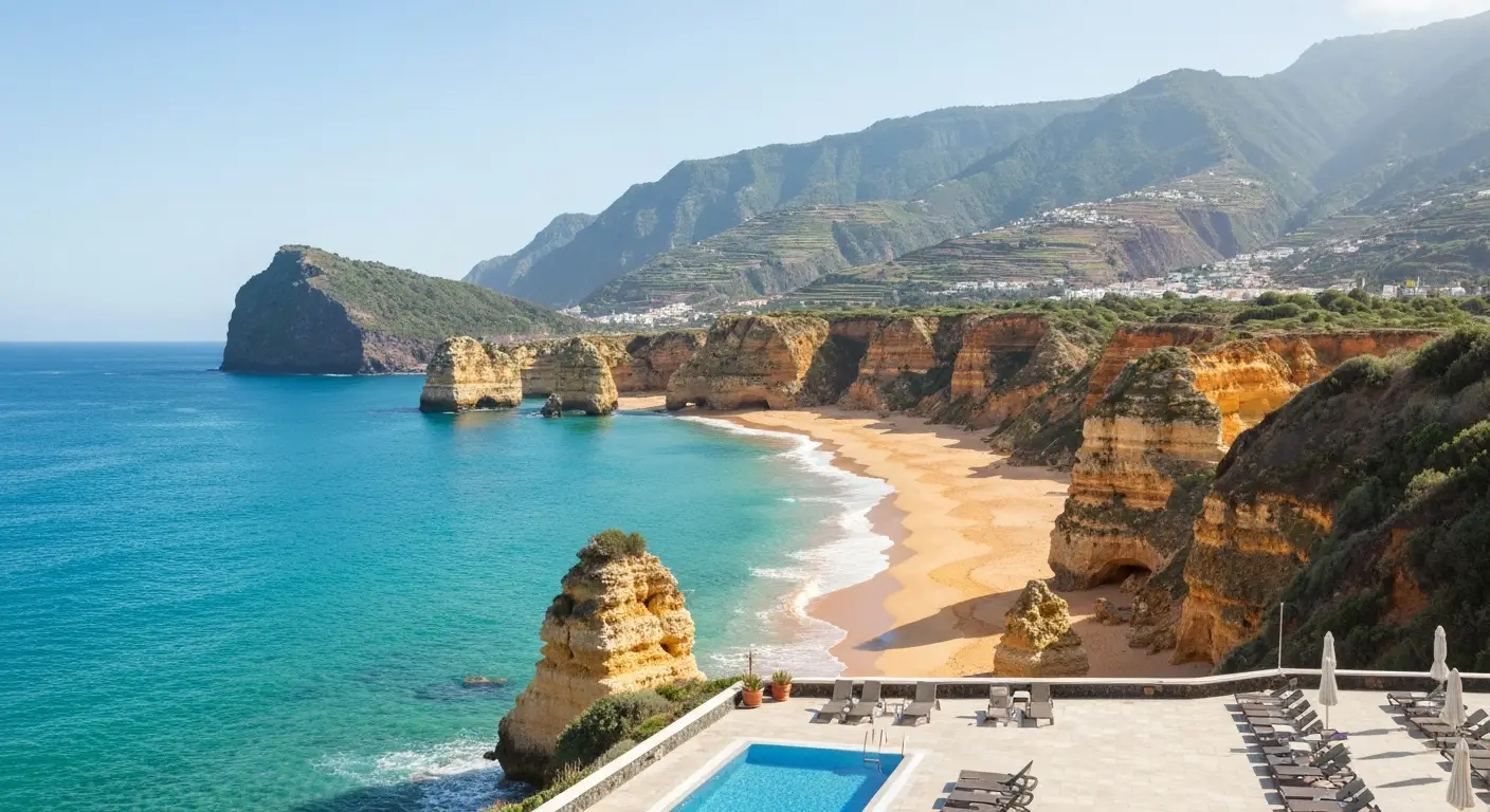 Piaszczysta plaża Algarve z klifami i górzystym krajobrazem Madery w tle