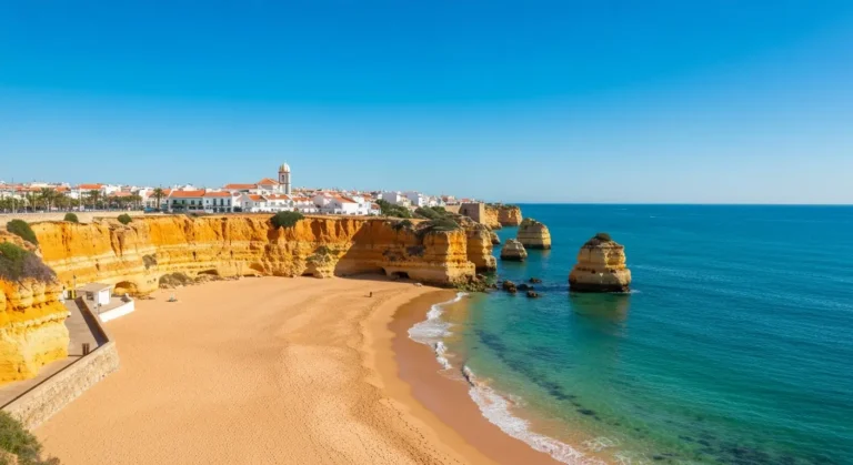 Szeroka plaża Praia da Rocha, klify Algarve i białe zabudowania kurortów w tle