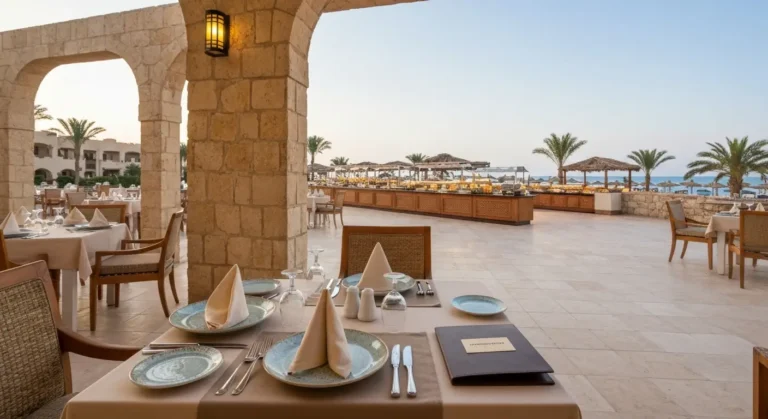 Nakryty stolik w restauracji à la carte hotelu all inclusive nad morzem