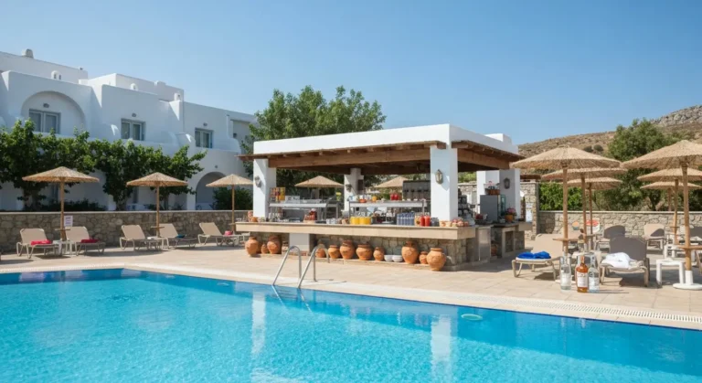 Bufet i bar przy basenie w hotelu all inclusive z widocznymi usługami możliwymi za dopłatą