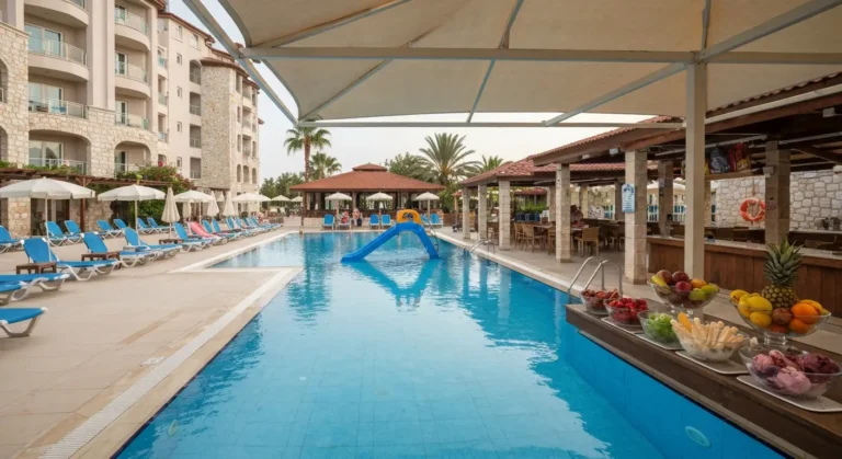 Dziecięcy basen ze zjeżdżalnią, lodami i strefą miniklubu w tureckim hotelu all inclusive