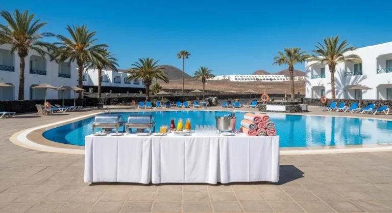 Basen i bufet w hotelu all inclusive na Wyspach Kanaryjskich w otoczeniu palm i wulkanicznego krajobrazu