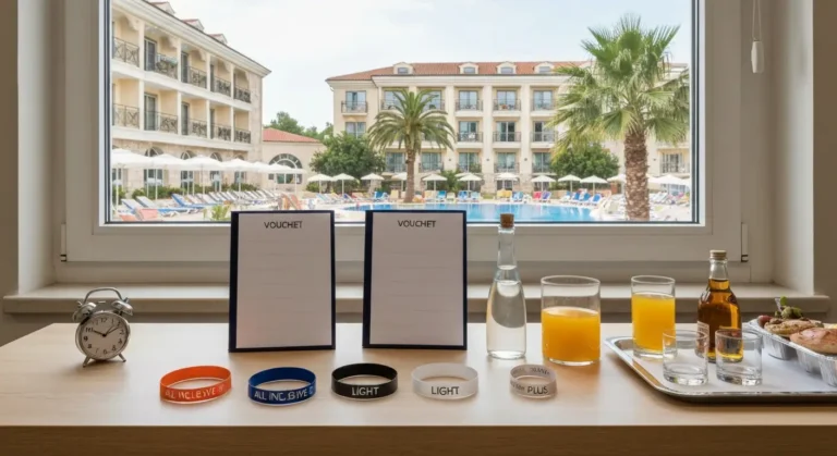 Porównanie pakietów all inclusive przy biurku podróży z widokiem na hotel wakacyjny