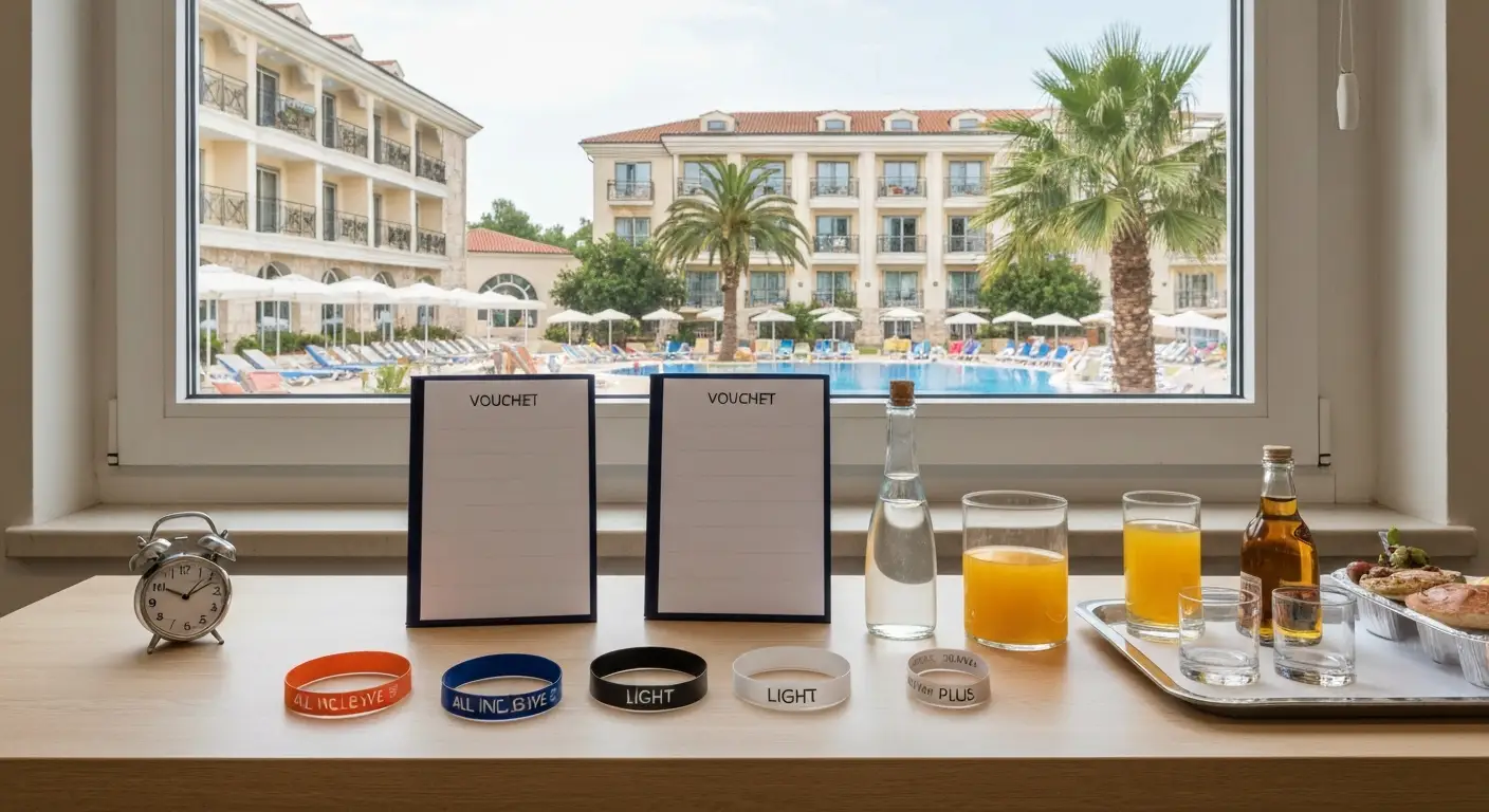 Porównanie pakietów all inclusive przy biurku podróży z widokiem na hotel wakacyjny