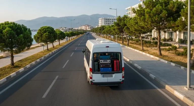Minibus transferowy jedzie z lotniska Antalya w stronę kurortów Lara i Kundu