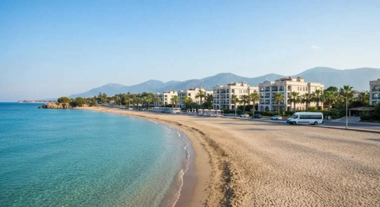 Piaszczysta plaża Riwiera Turecka koło Antalyi z hotelami, morzem i busem transferowym