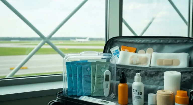 Apteczka wakacyjna z elektrolitami, opatrunkami i kremem SPF w bagażu podręcznym na lotnisku