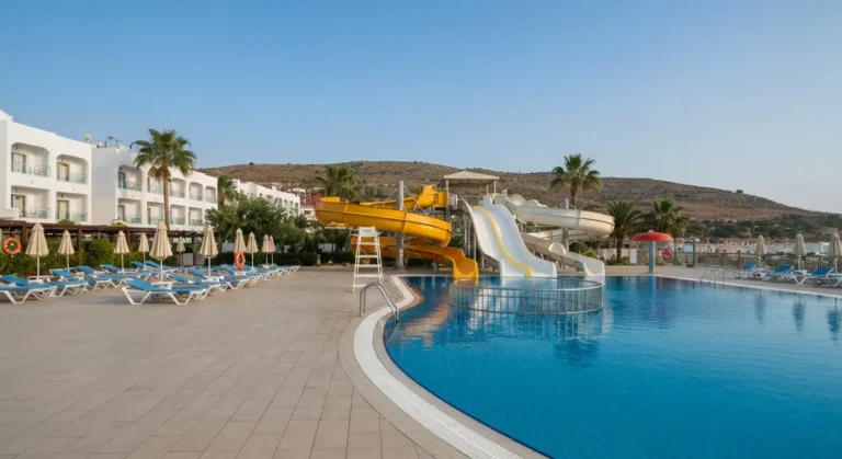 Hotelowy aquapark w Side z nieczynnymi zjeżdżalniami i spokojnym basenem