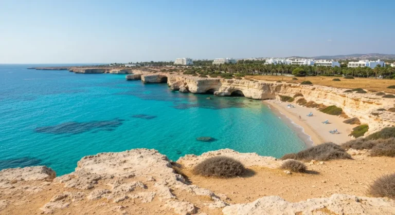 Turkusowa zatoka i wapienne klify Cape Greco między Ayia Napą a Protaras