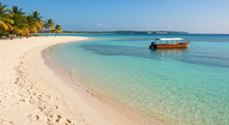 Spokojna karaibska plaża w Bayahibe z turkusową wodą i łodzią wycieczkową