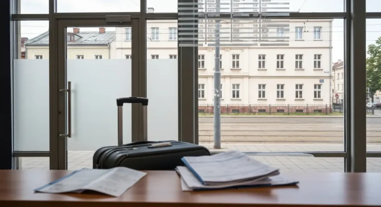 Zamknięte biuro podróży w polskim mieście z walizką i dokumentami na ladzie