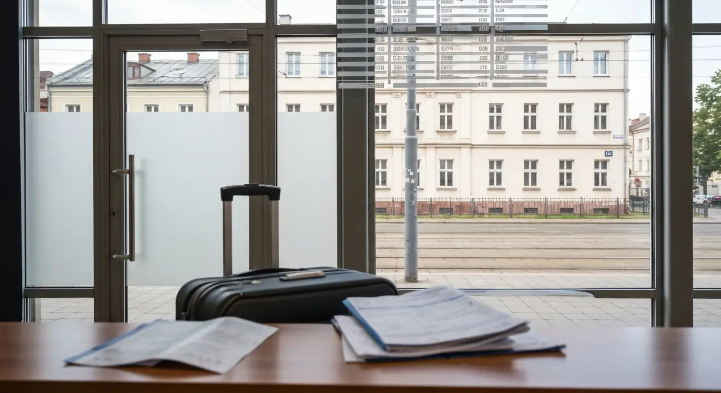 Zamknięte biuro podróży w polskim mieście z walizką i dokumentami na ladzie