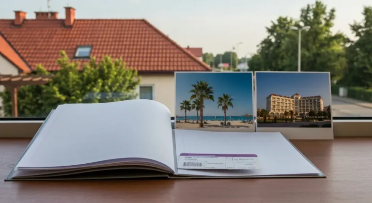 Dokumenty podróżne i porównanie hotelu przy plaży z obiektem oddalonym od wybrzeża