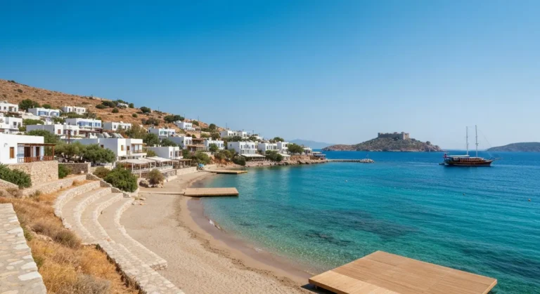Turkusowa zatoka w Bodrum z plażą, białą zabudową i łodzią na Morzu Egejskim