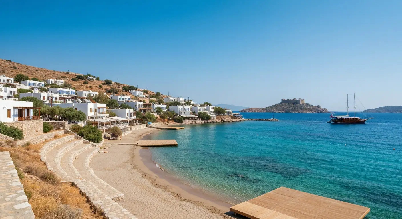 Turkusowa zatoka w Bodrum z plażą, białą zabudową i łodzią na Morzu Egejskim