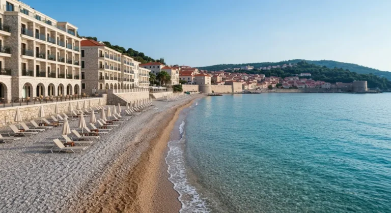 Plaża Bečići z hotelami i widokiem na zabudowę Budvy nad Adriatykiem
