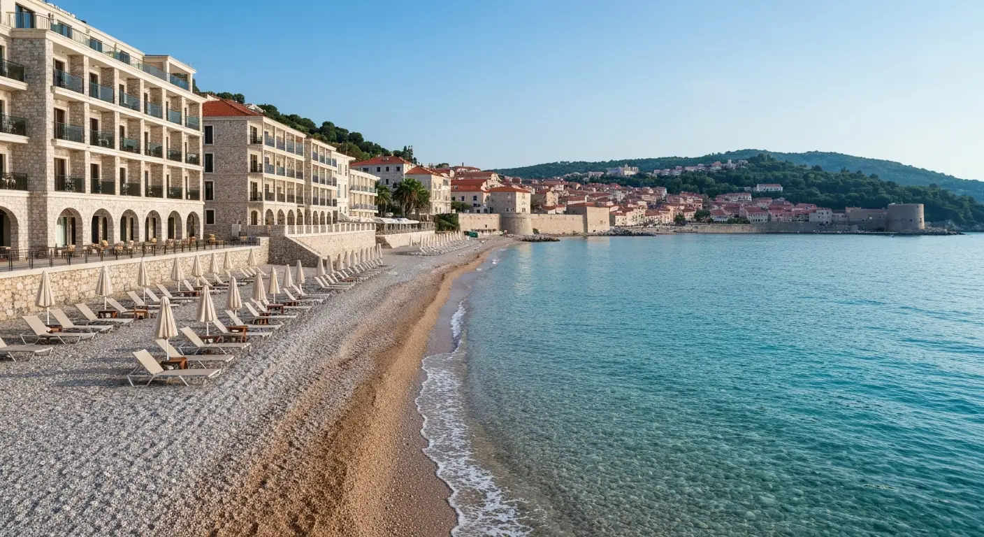 Plaża Bečići z hotelami i widokiem na zabudowę Budvy nad Adriatykiem