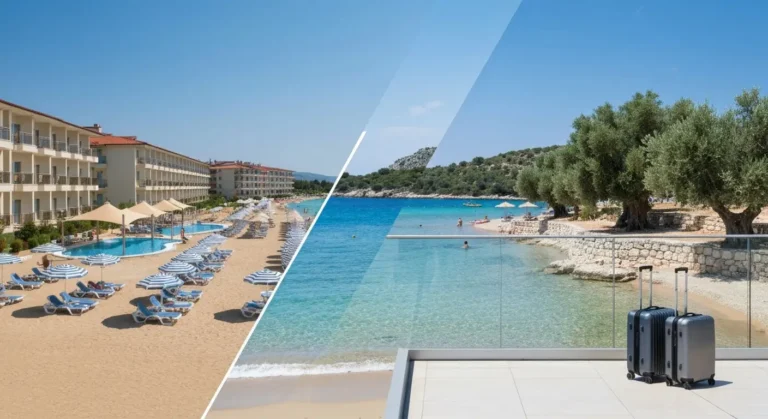 Porównanie piaszczystej plaży Bułgarii i osłoniętej greckiej zatoki przy hotelach rodzinnych