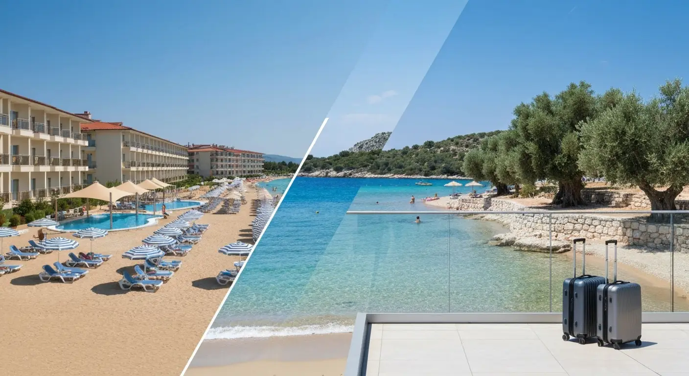 Porównanie piaszczystej plaży Bułgarii i osłoniętej greckiej zatoki przy hotelach rodzinnych