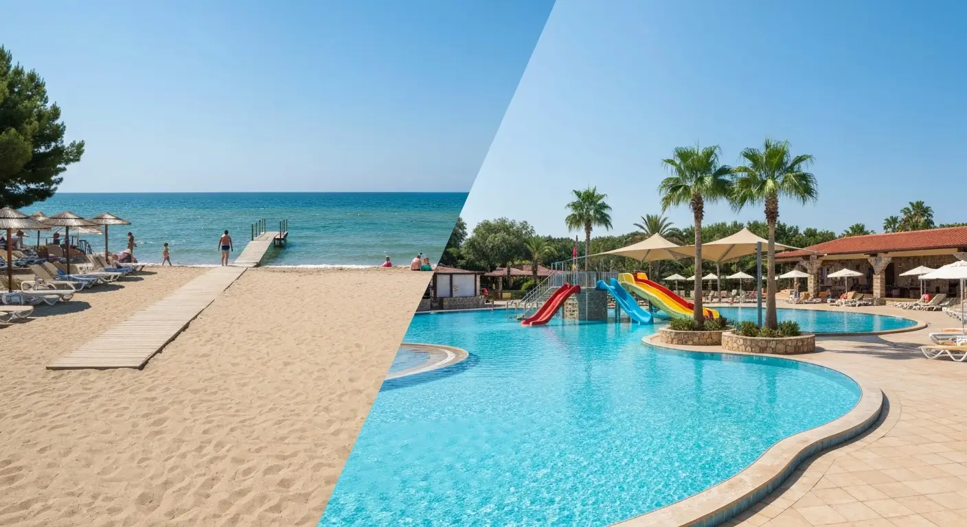 Piaszczysta plaża i hotelowy basen ze zjeżdżalniami w Bułgarii i Turcji