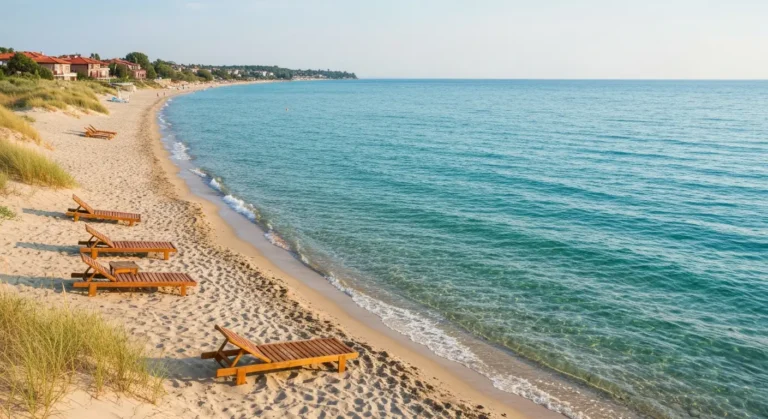 Spokojna plaża nad Morzem Czarnym w okolicach Nessebaru we wrześniowym słońcu