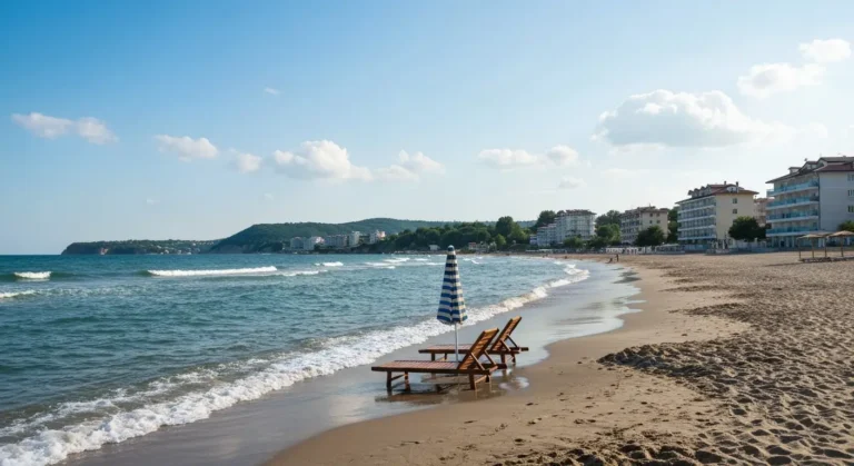 Czerwcowa plaża w Obzorze nad Morzem Czarnym z pustymi leżakami i łagodnymi falami