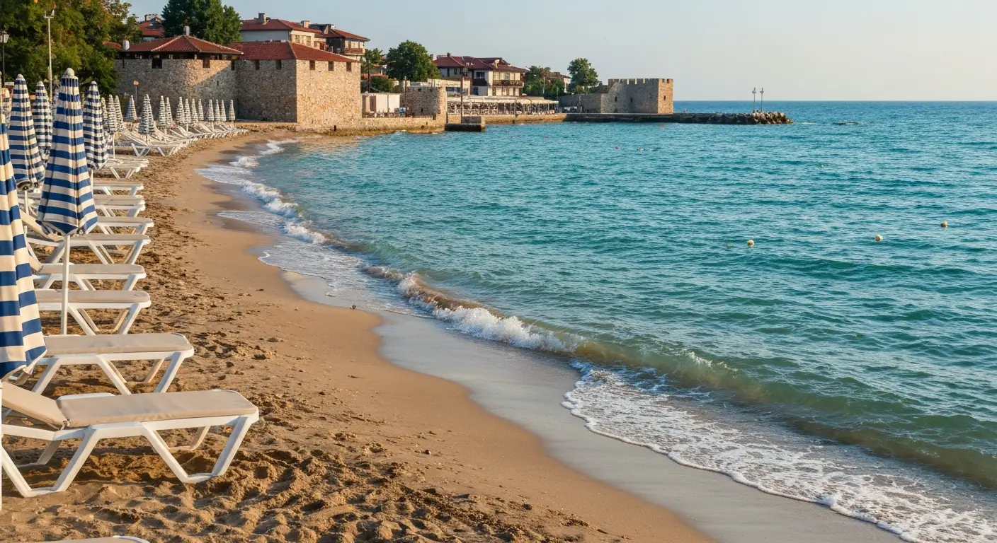 Wrześniowa plaża nad Morzem Czarnym w okolicy Nesebyru z ciepłą wodą i pustymi leżakami