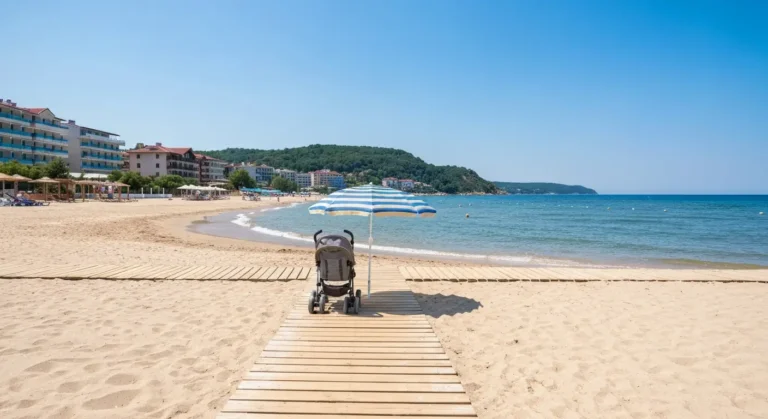 Spokojna plaża w Obzorze nad Morzem Czarnym z drewnianym przejściem i wózkiem dziecięcym