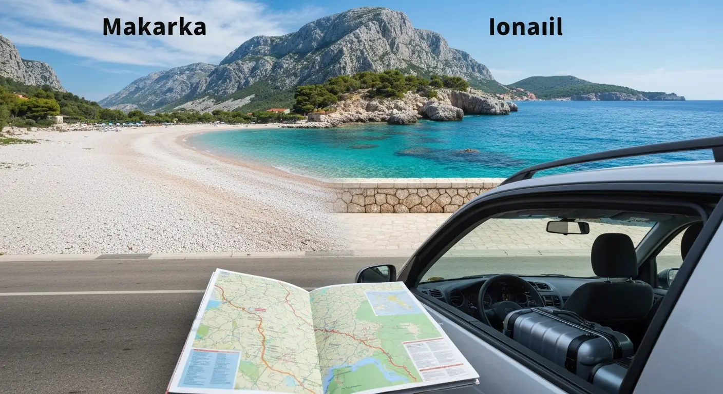 Auto i mapa na tle adriatyckiej plaży Makarskiej oraz turkusowej zatoki Ksamilu