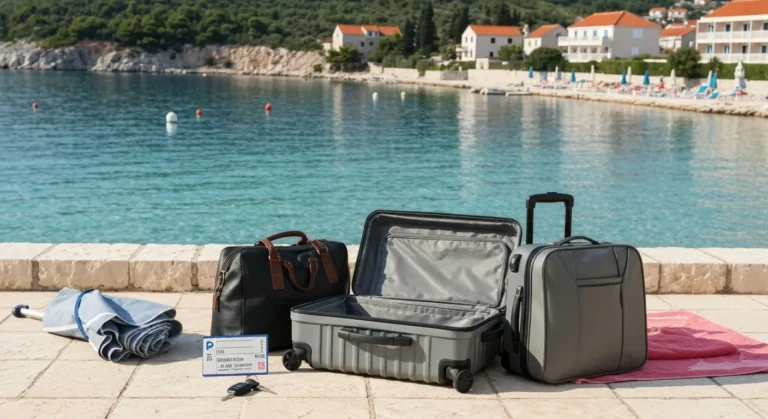Walizka i akcesoria podróżne na tarasie hotelu nad Adriatykiem w Chorwacji