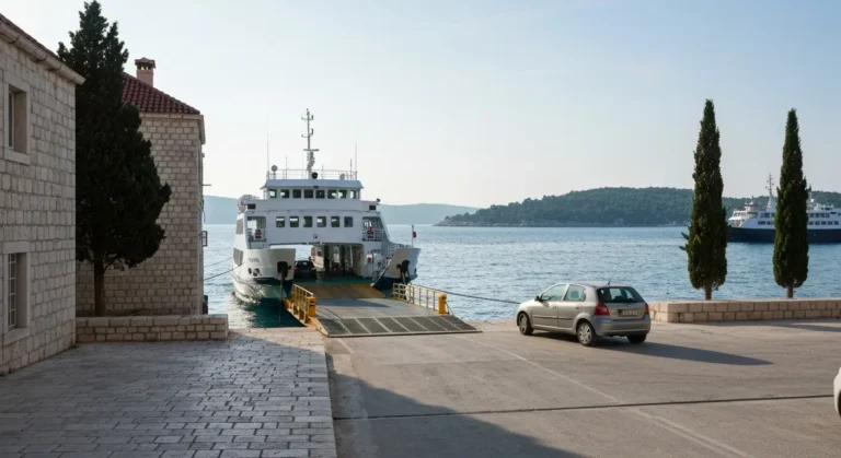 Prom w porcie w Splicie i widok na wyspę Brač, z autem gotowym do wjazdu