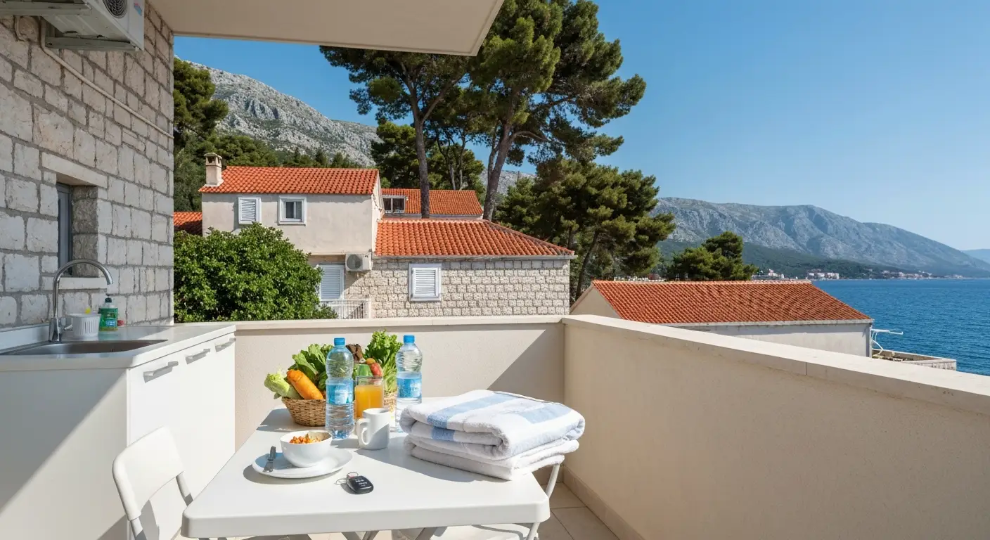 Taras apartamentu w Makarskiej z zakupami i widokiem na Adriatyk