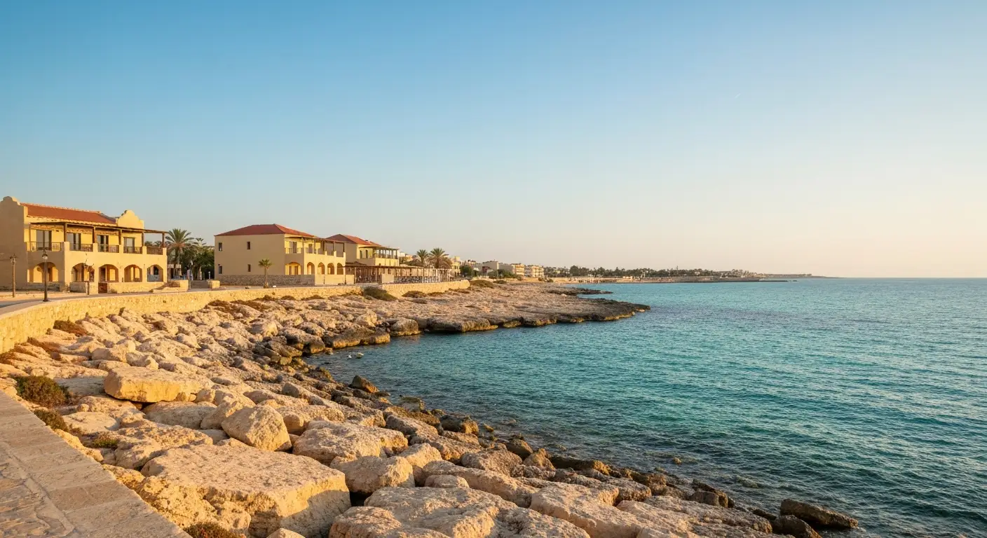 Skaliste wybrzeże Pafos na Cyprze o zachodzie słońca z turkusowym morzem