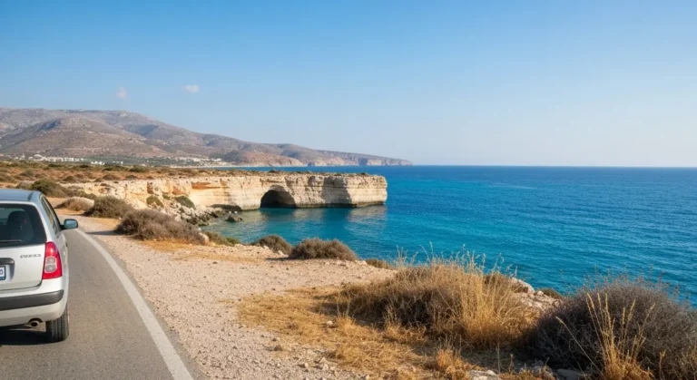 Skała Petra tou Romiou nad turkusowym morzem na Cyprze, widziana podczas wycieczki poza hotelem