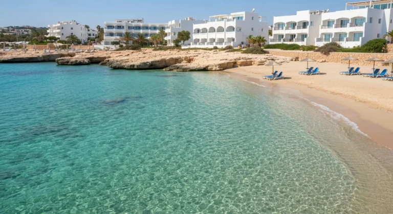 Majowa plaża w Protaras na Cyprze z turkusowym morzem, jasnym piaskiem i pustymi leżakami
