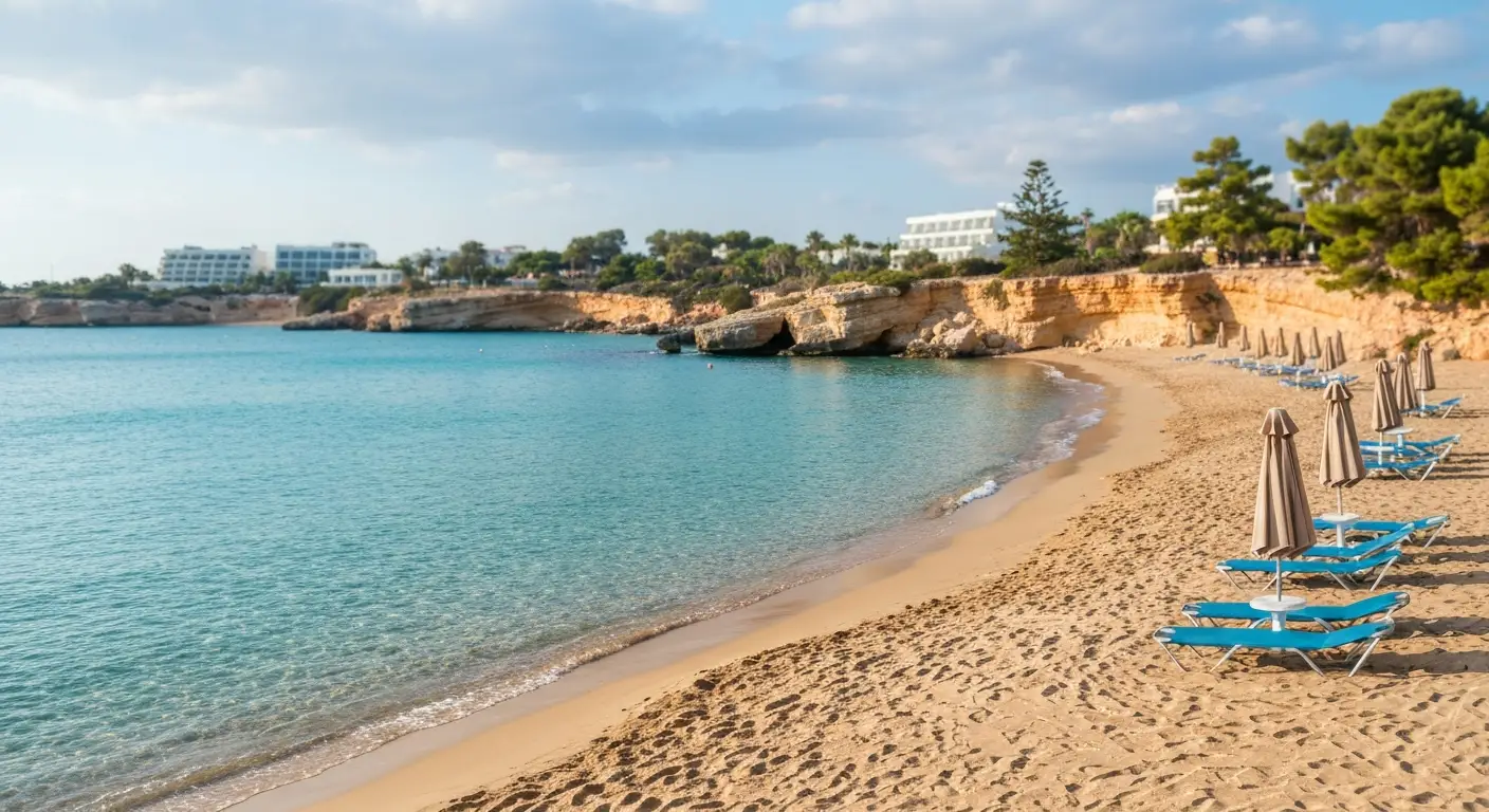 Spokojna plaża Fig Tree Bay w Protaras na Cyprze w październikowe popołudnie