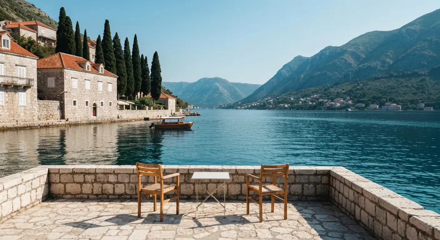 Kamienny taras w Perast nad Zatoką Kotorską z widokiem na spokojną wodę i góry