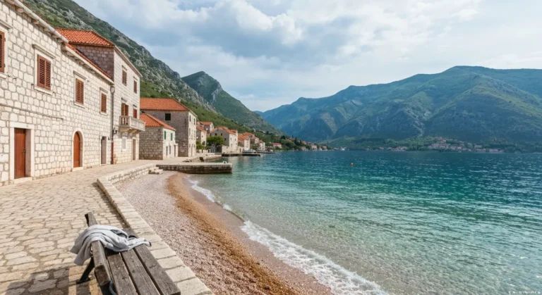 Majowy widok na spokojną zatokę Kotorską w Perast z kamienną promenadą i chłodnym Adriatykiem