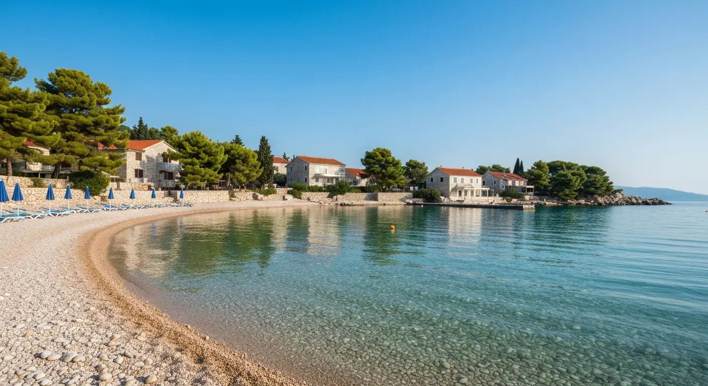 Spokojna zatoka i żwirowa plaża w Petrovacu nad Adriatykiem