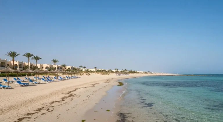 Szeroka piaszczysta plaża na Djerbie przy Sidi Mahrez z palmami i spokojnym morzem
