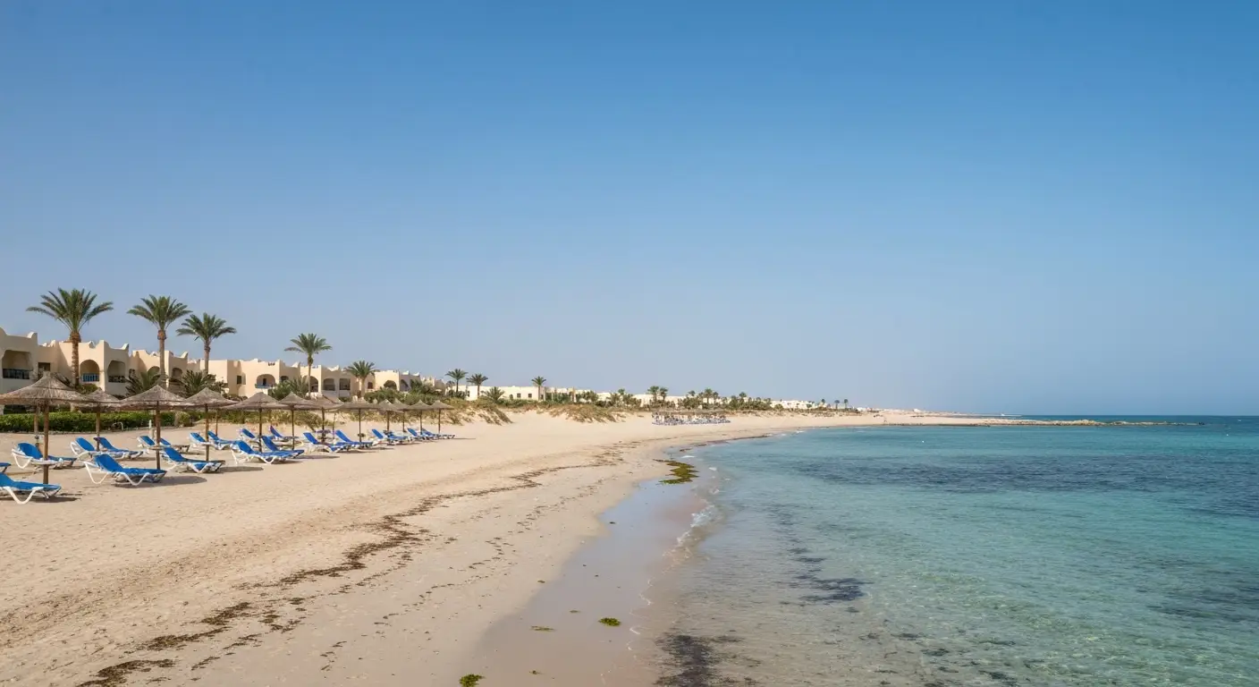 Szeroka piaszczysta plaża na Djerbie przy Sidi Mahrez z palmami i spokojnym morzem