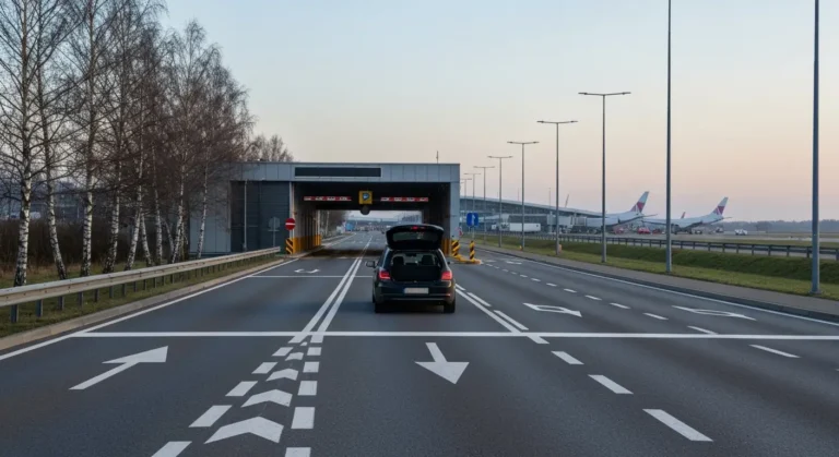 Samochód dojeżdżający o świcie drogą do lotniska Katowice-Pyrzowice
